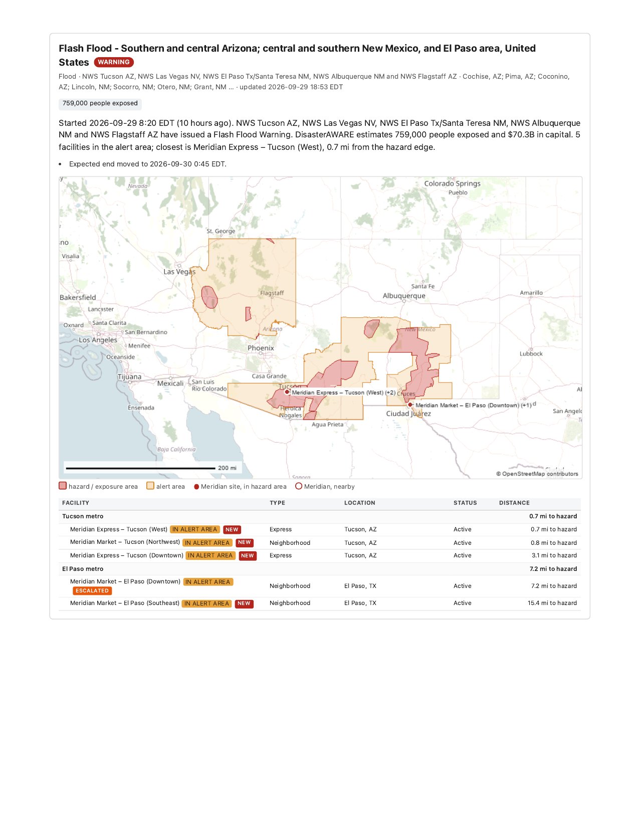 A hazard page from the sample report: a flash flood warning in Arizona, New Mexico and Texas, with a map of the hazard and alert areas, the sites marked, and a table of affected sites by metro area