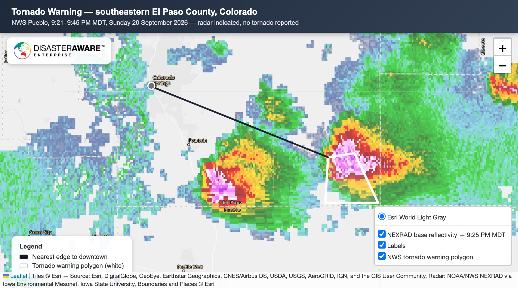 DisasterAWARE map of the September 20, 2026 tornado warning: the NWS warning polygon outlined in white over NEXRAD radar, with the storm core inside it and downtown Colorado Springs 34 miles northwest