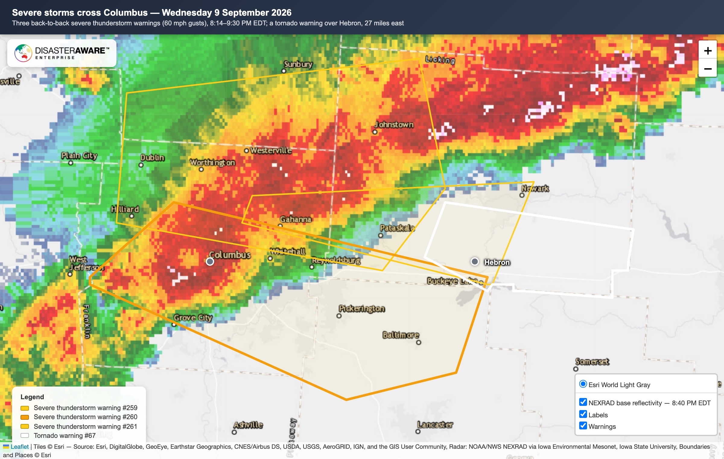 DisasterAWARE map of September 9, 2026: a line of storms on NEXRAD radar over Columbus at 8:40 PM, three severe thunderstorm warning polygons in yellow and orange with downtown inside the bold orange one, and a tornado warning polygon in white around Hebron to the east