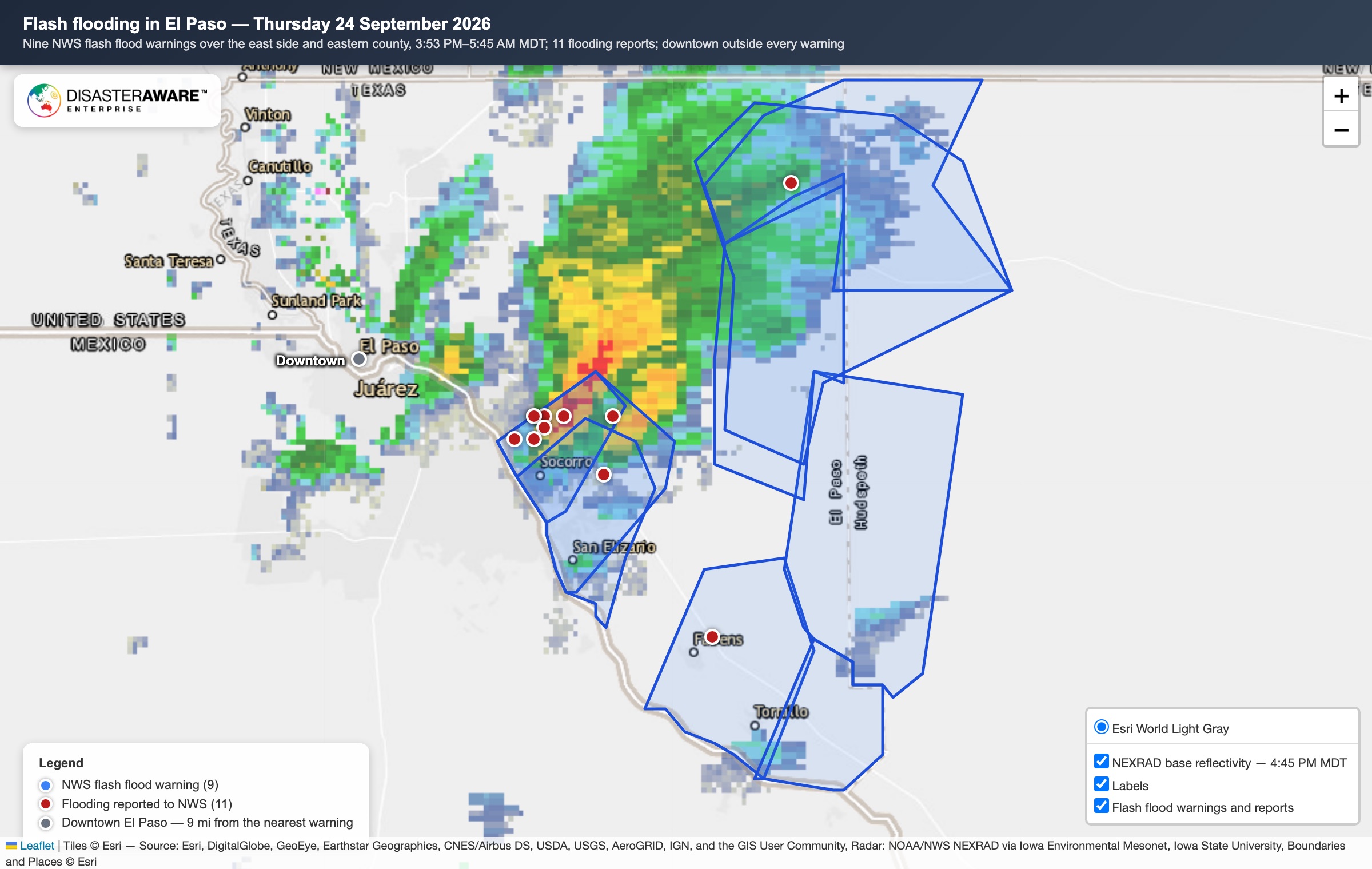 DisasterAWARE map of El Paso flash flooding on September 24, 2026: nine NWS flash flood warning polygons in blue over East El Paso, Socorro and the eastern county, red dots marking eleven flooding reports, clustered near Sparks and Socorro, NEXRAD radar at 4:45 PM showing the storm core east of the city, and downtown El Paso outside every warning