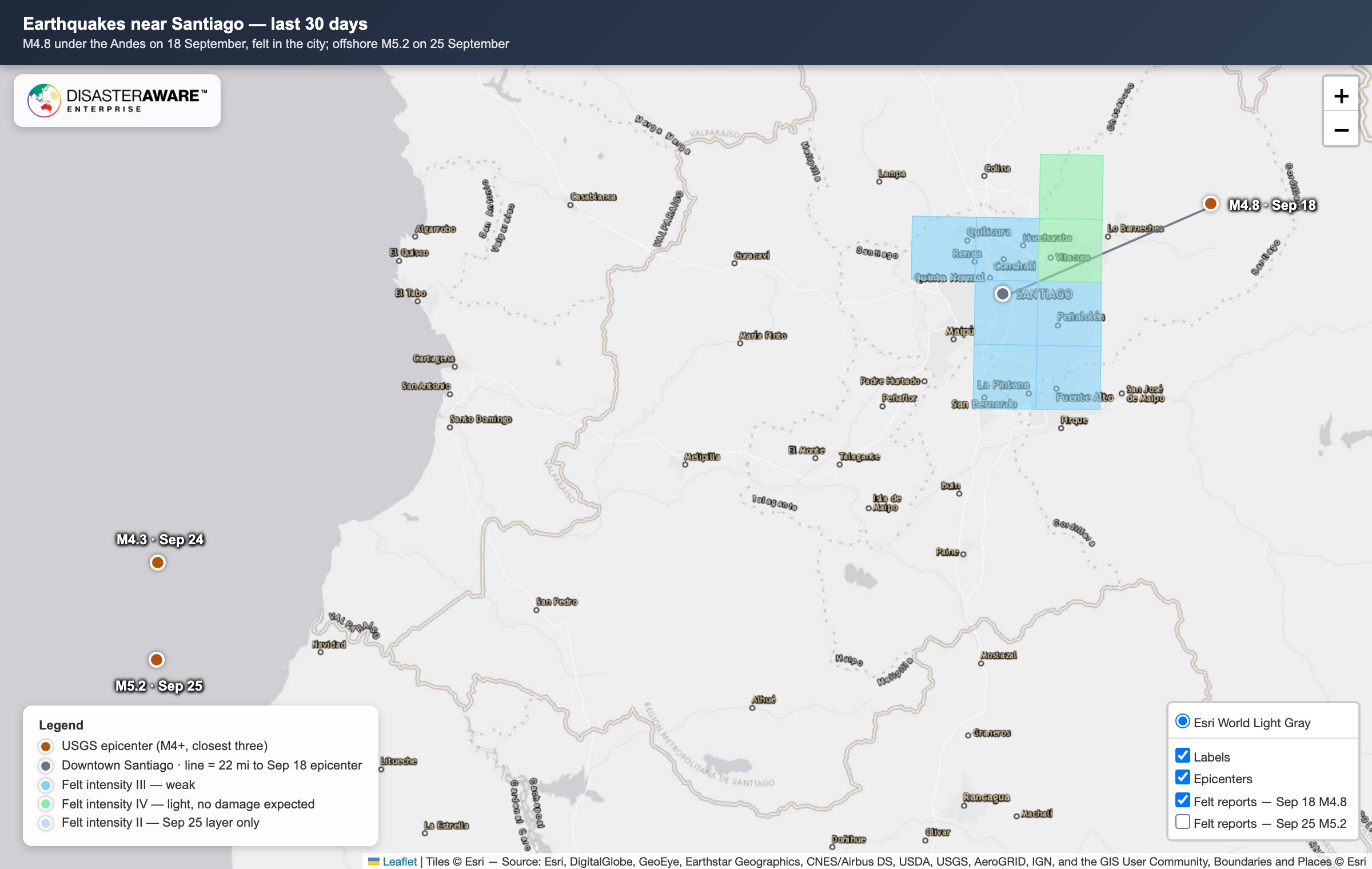 DisasterAWARE map of earthquakes near Santiago in September 2026: the M4.8 epicenter in the Andes east-northeast of the city, USGS felt reports shaded over Santiago at intensity III to IV, and the offshore M4.3 and M5.2 epicenters west of San Antonio